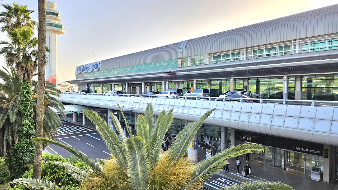Jeju International Airport's passenger terminal and control tower seen past palm trees, with a GATE4 domestic arrivals sign at lower right