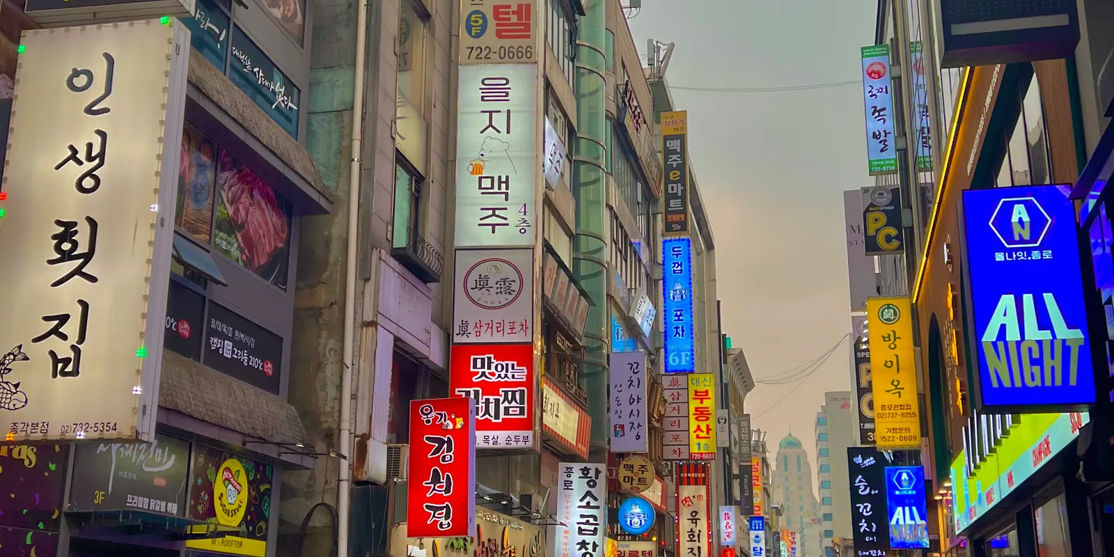 A narrow street in Jongno-gu, Seoul, lined with vertical restaurant and bar signs written in Korean, with a blue ALL NIGHT sign on the right